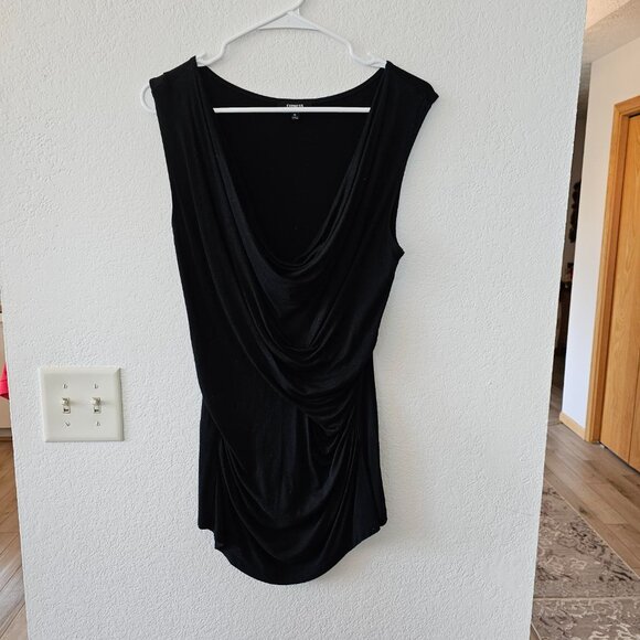 Express Women’s Black Cowl Neck Top Size M Shirred Waist Draped Front Sleeveless - Picture 2 of 5